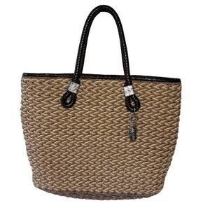 Brighton Rita Woven Jute Tote Bag Tricolor Straw Leather Handles Silver Charms